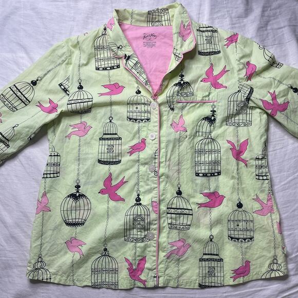 Nick & Nora Green Birds and Birdcage Print Pajama Top and Bottom Set XXL Cotton - Picture 3 of 7
